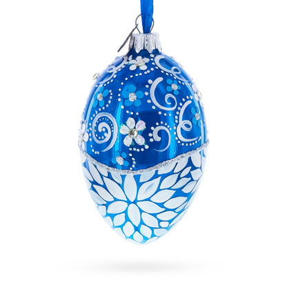 White Pearled Flowers on Glossy Blue Glass Egg Ornament 4 Inches