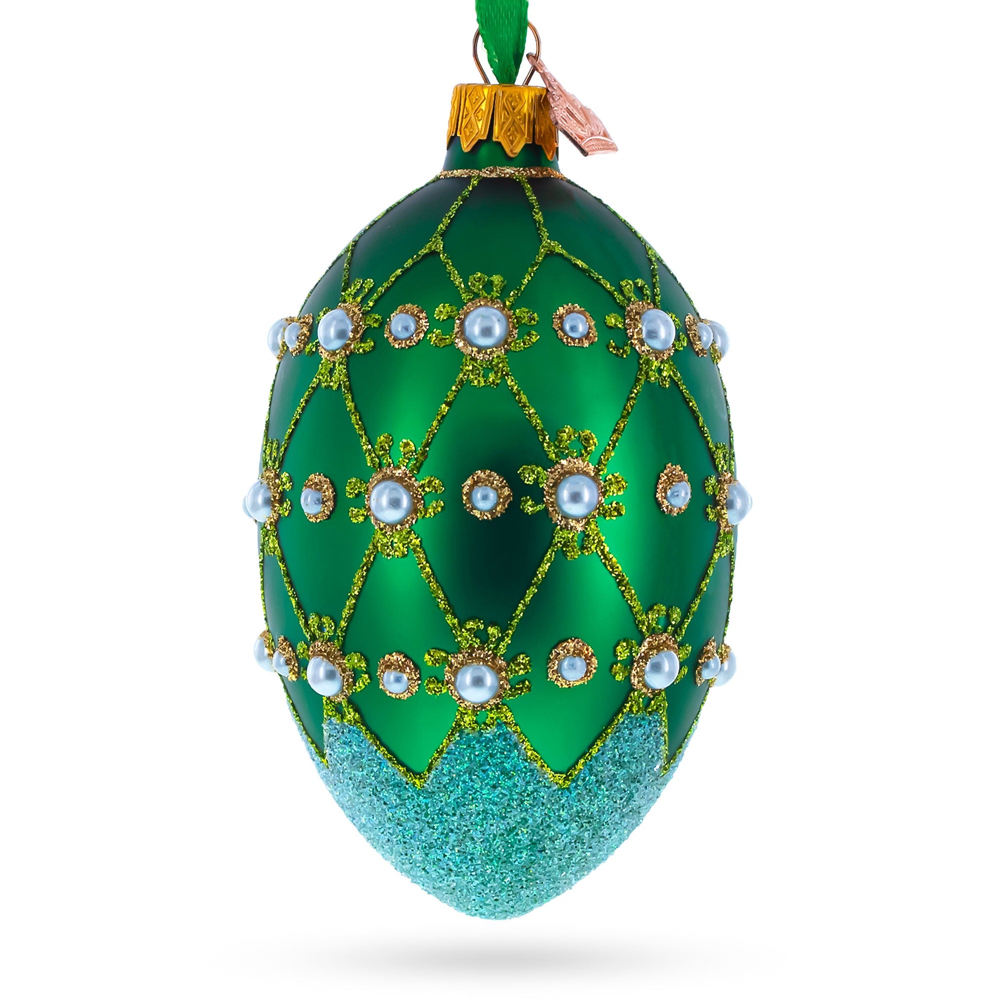 Pearls on Green Trellis Glass Egg Ornament 4 Inches
