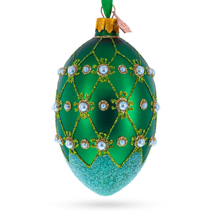 Pearls on Green Trellis Glass Egg Ornament 4 Inches