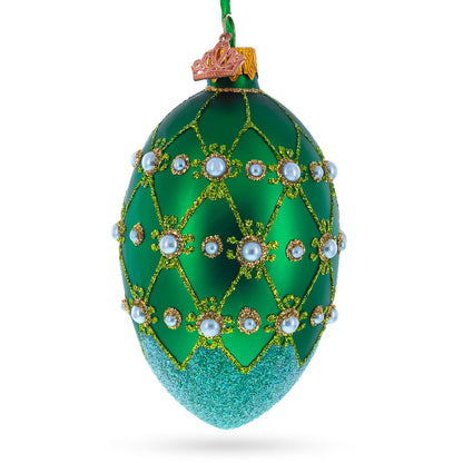 Pearls on Green Trellis Glass Egg Ornament 4 Inches