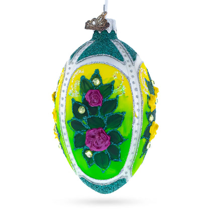 Flowers Bouquet on Green Glass Egg Ornament 4 Inches