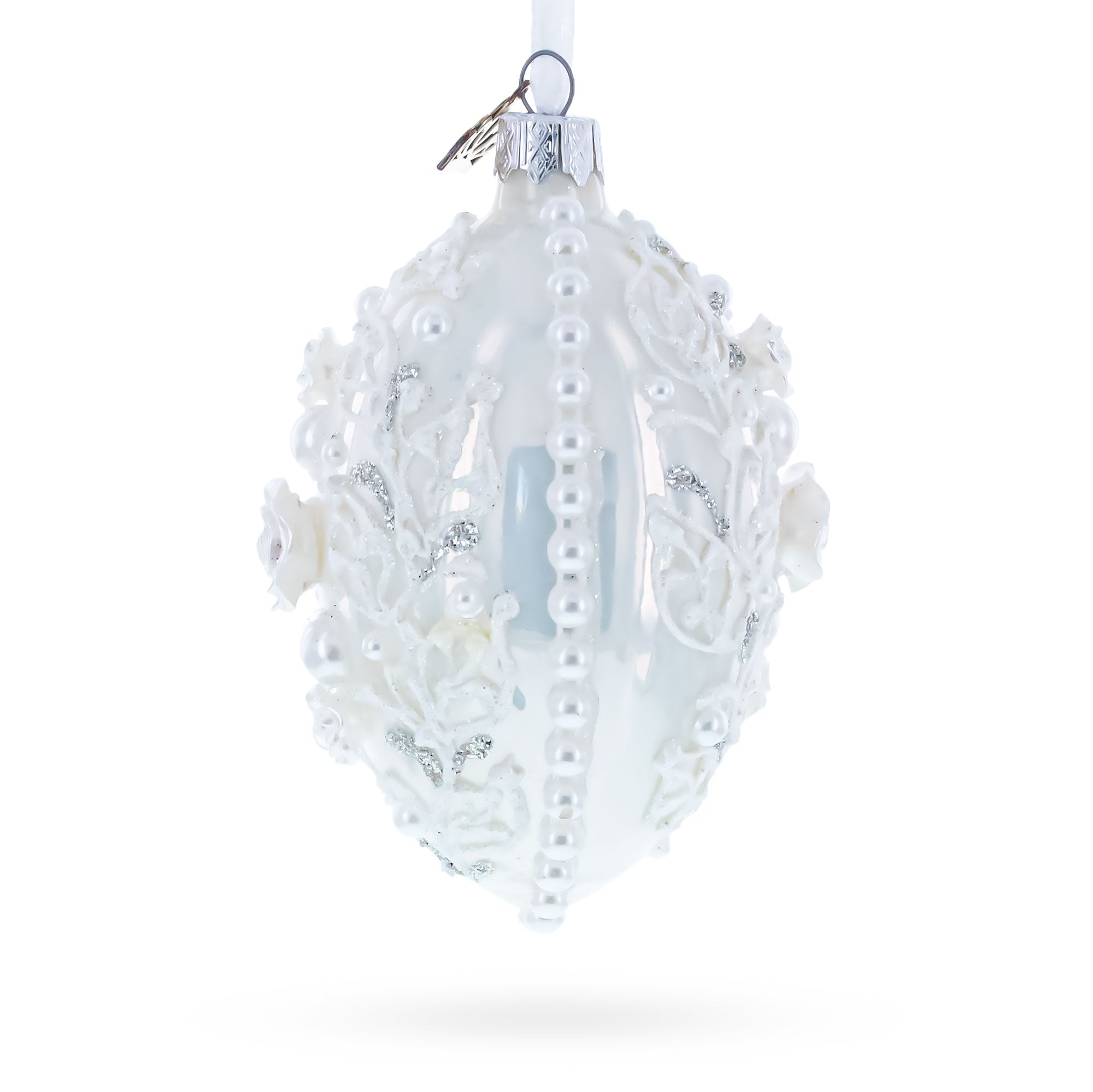 3D Pearl Roses Glass Egg Ornament 4 Inches BestPysanky