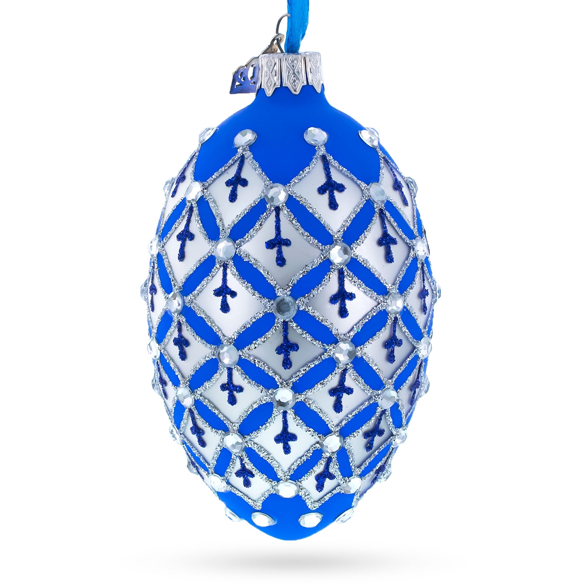 Silver Diamonds on Blue Glass Egg Ornament 4 Inches