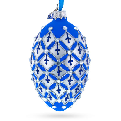 Silver Diamonds on Blue Glass Egg Ornament 4 Inches