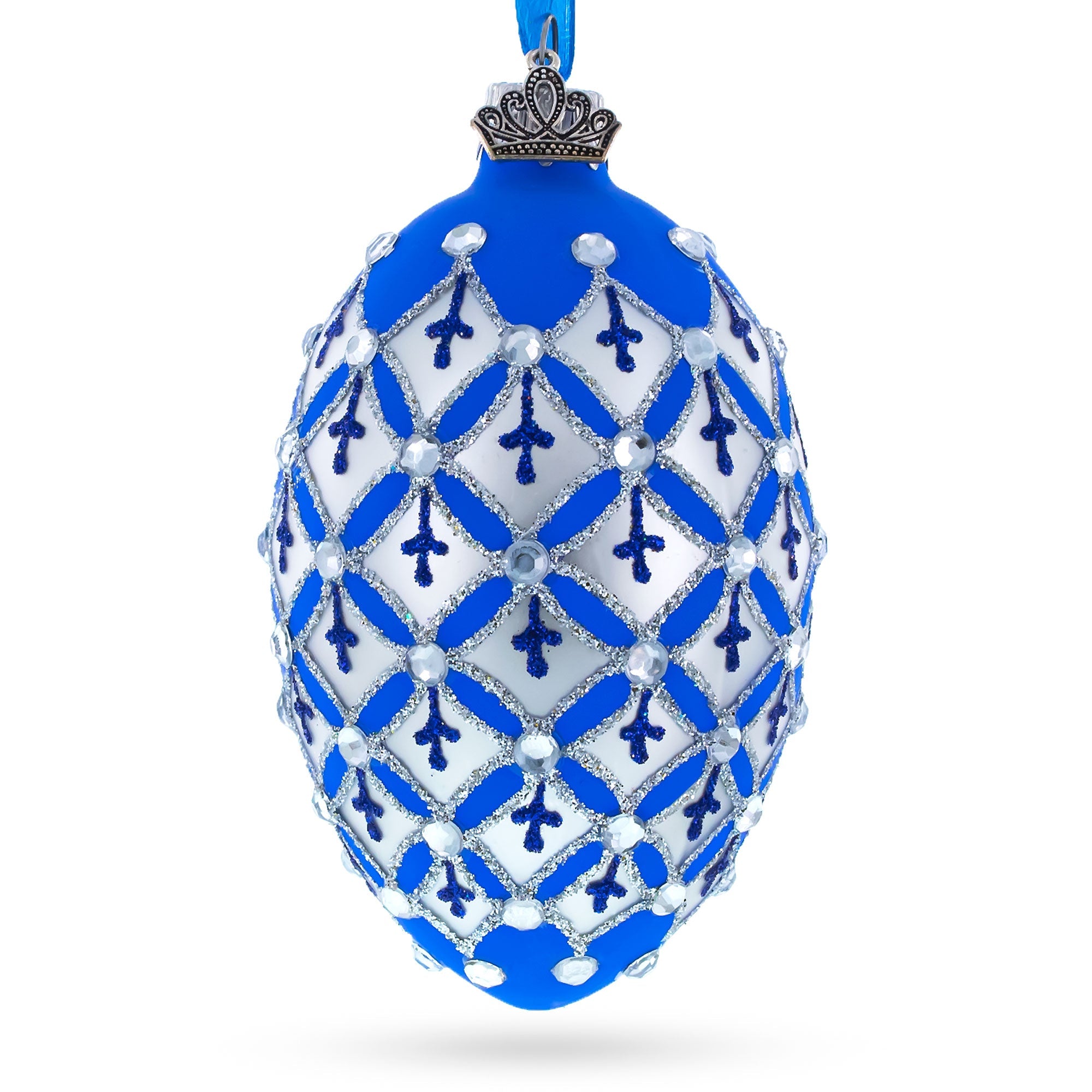Silver Diamonds on Blue Glass Egg Ornament 4 Inches