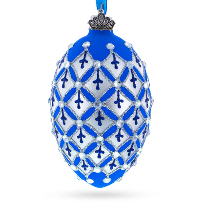 Silver Diamonds on Blue Glass Egg Ornament 4 Inches