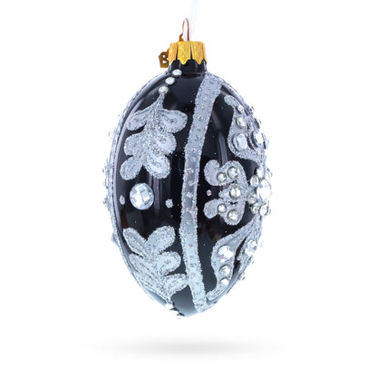 Silver and Crystal Floral Pattern on Black Glass Egg Ornament 4 Inches