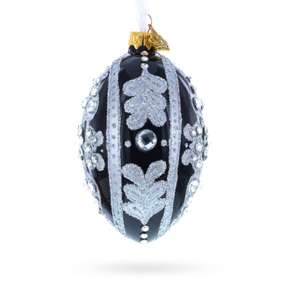 Silver and Crystal Floral Pattern on Black Glass Egg Ornament 4 Inches