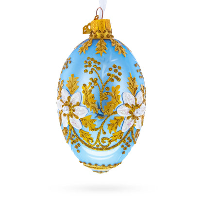 Blue and Gold Embossed Floral Glass Egg Ornament 4 Inches