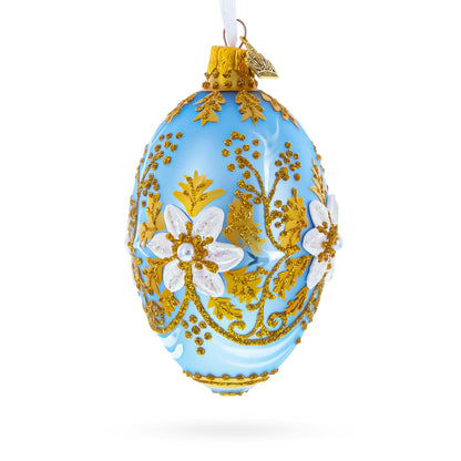 Blue and Gold Embossed Floral Glass Egg Ornament 4 Inches