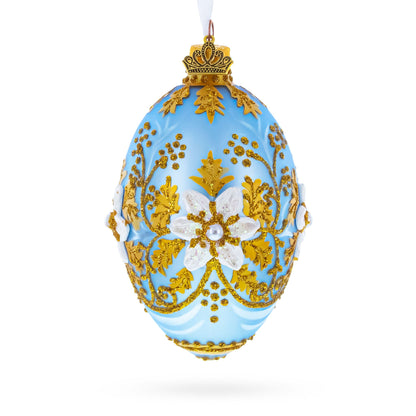 Blue and Gold Embossed Floral Glass Egg Ornament 4 Inches