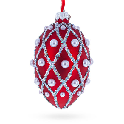 Red Pearl Lattice Glass Egg Ornament 4 Inches