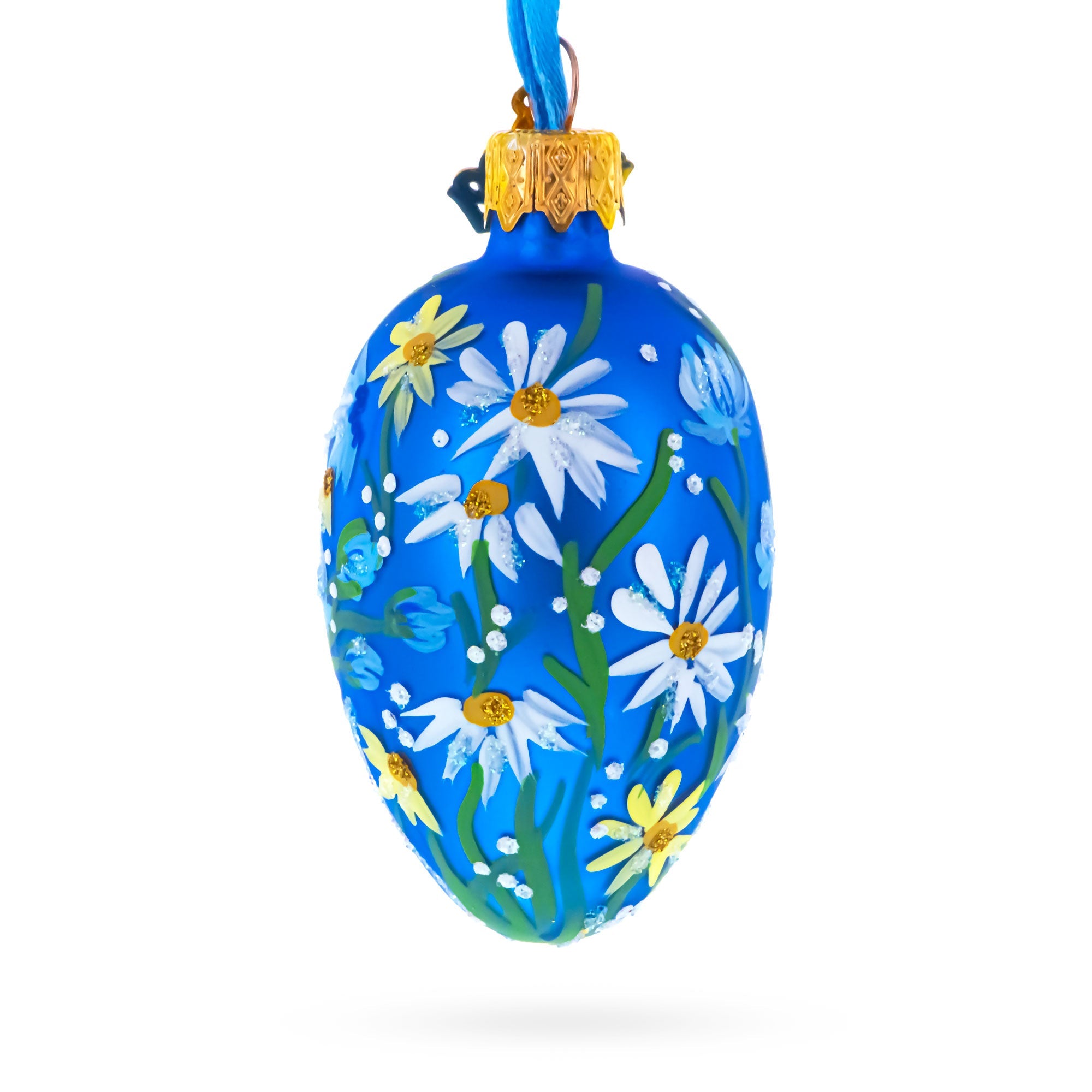 Cobalt Blue with White Daisy Floral Mini Glass Egg Ornament 2.9 Inches