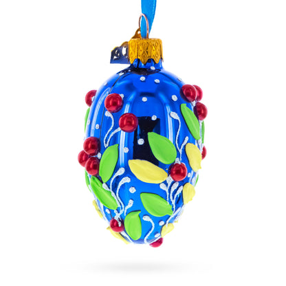 Shiny Blue with Red Berry and Green Leaf Accents Mini Glass Egg Ornament 2.9 Inches