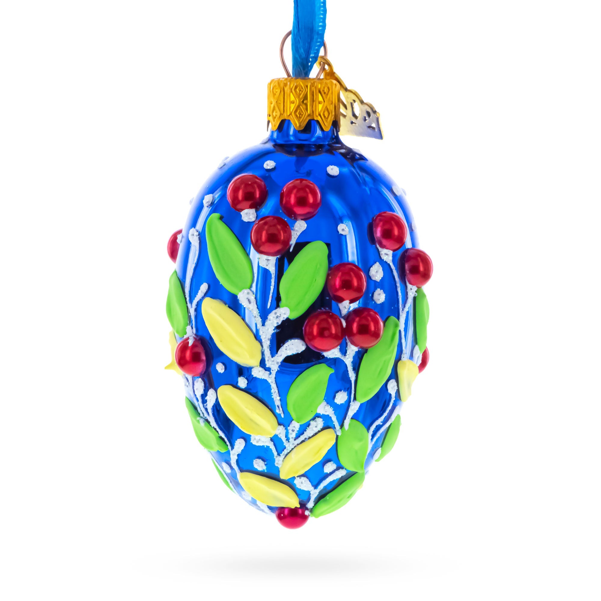 Shiny Blue with Red Berry and Green Leaf Accents Mini Glass Egg Ornament 2.9 Inches