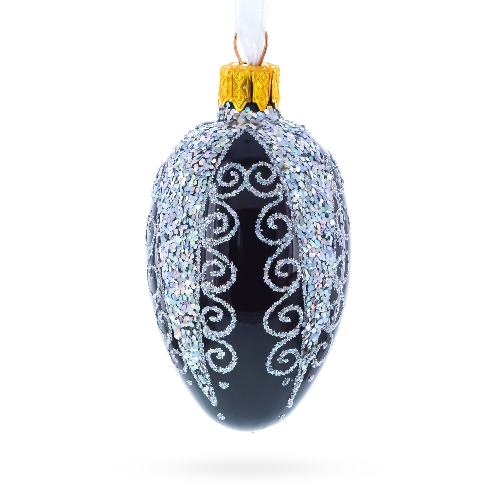 Black with Silver Glitter Swirls and Sequins Mini Glass Egg Ornament 2.9 Inches