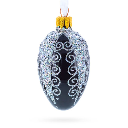 Black with Silver Glitter Swirls and Sequins Mini Glass Egg Ornament 2.9 Inches