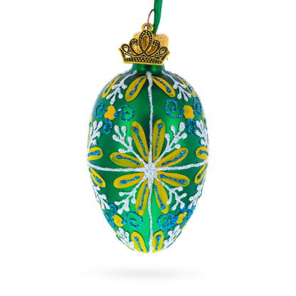 Emerald Green with Blue and Yellow Swirl Floral Mini Glass Egg Ornament 2.9 Inches