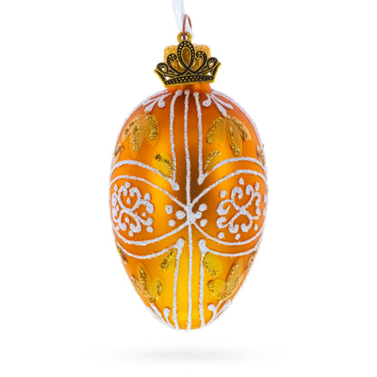 Amber Gold with White and Gold Filigree Design Mini Glass Egg Ornament 2.9 Inches