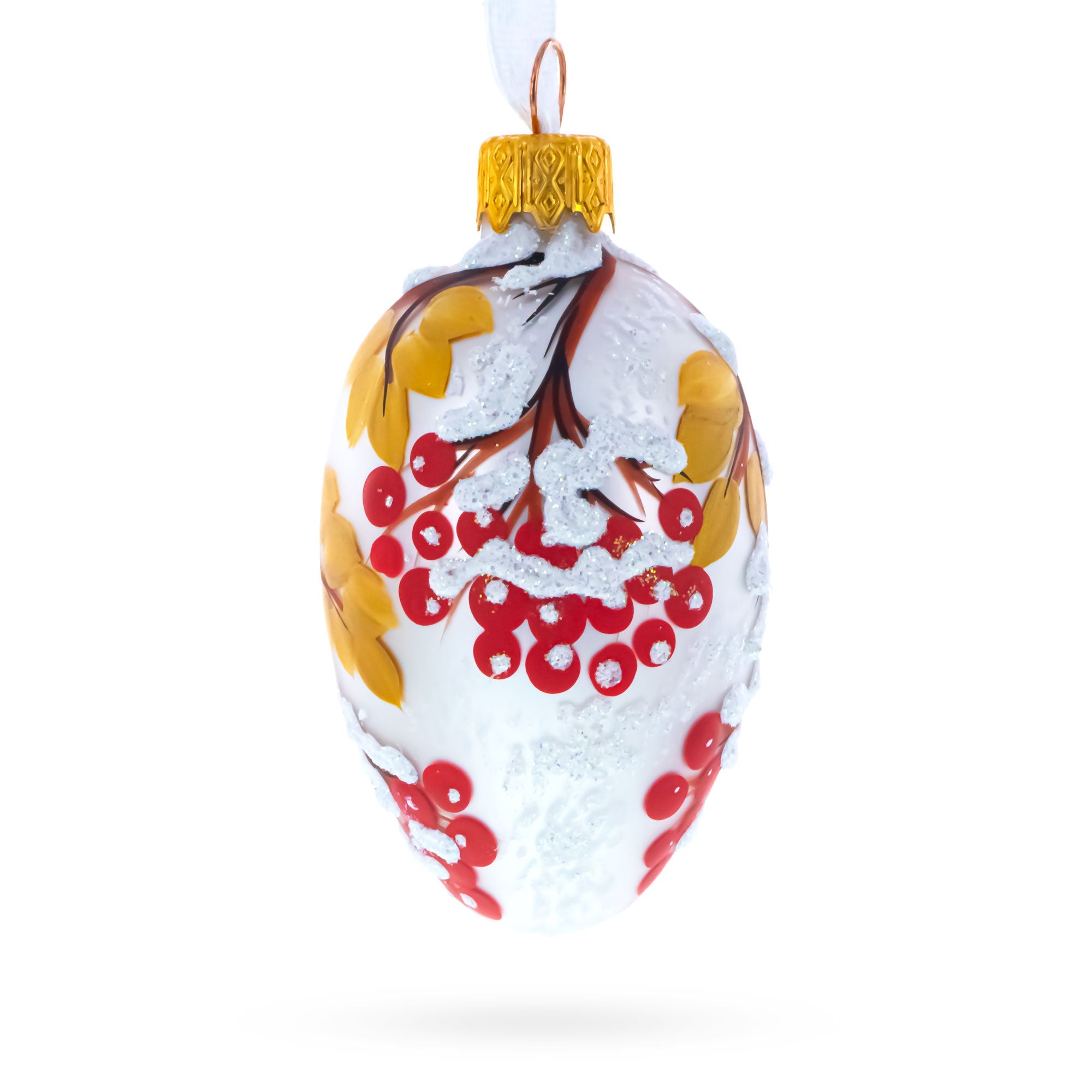 Frosted White with Red Berry and Snow-Covered Branch Design Mini Glass Egg Ornament 2.9 Inches