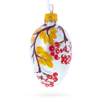 Frosted White with Red Berry and Snow-Covered Branch Design Mini Glass Egg Ornament 2.9 Inches