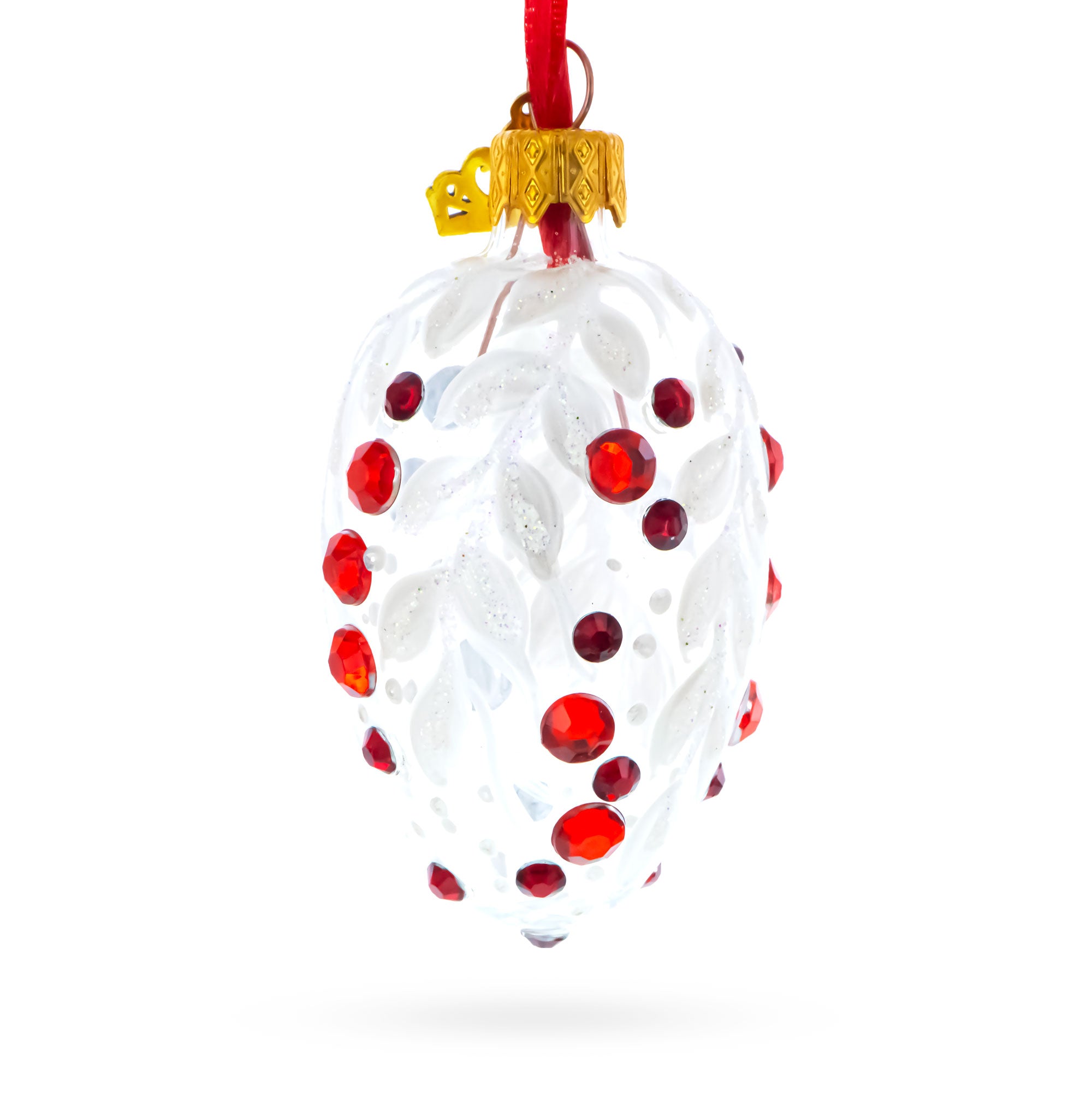 White with Red Gem Accents and Leaf Design Mini Glass Egg Ornament 2.9 Inches