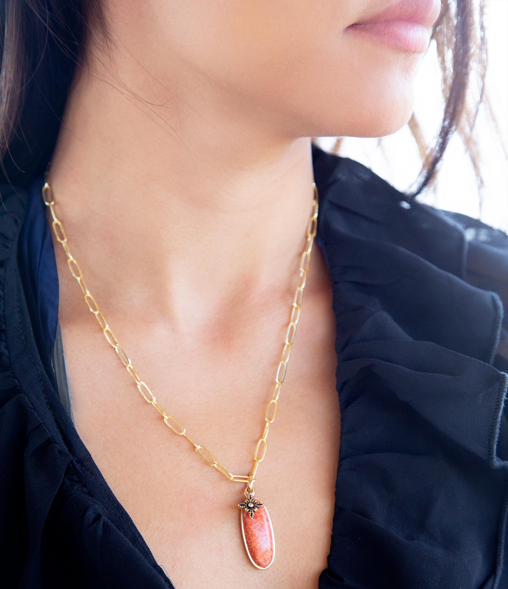 Lucent Orange Sponge Coral Pendant Golden Chain Necklace Barse Jewelry