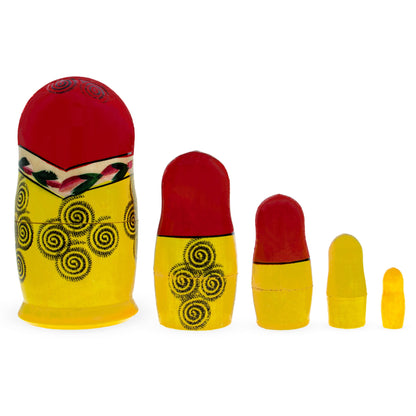 Set of 5 Semenov Style Red Scarf Matryoshka Wooden Nesting Dolls