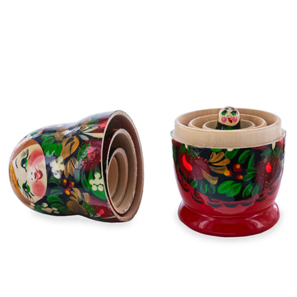 Black Hood with Red Berries Wooden  Nesting Dolls