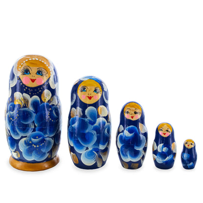 Blue Color with Blue Flowers Wooden  Nesting Dolls