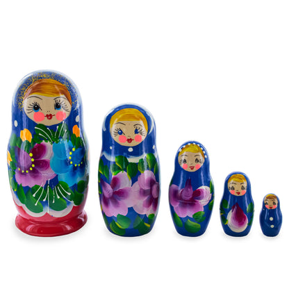 Beautiful Wooden  with Blue Color Hood and Gold Flowers Nesting Dolls