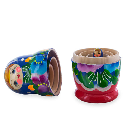 Beautiful Wooden  with Blue Color Hood and Gold Flowers Nesting Dolls