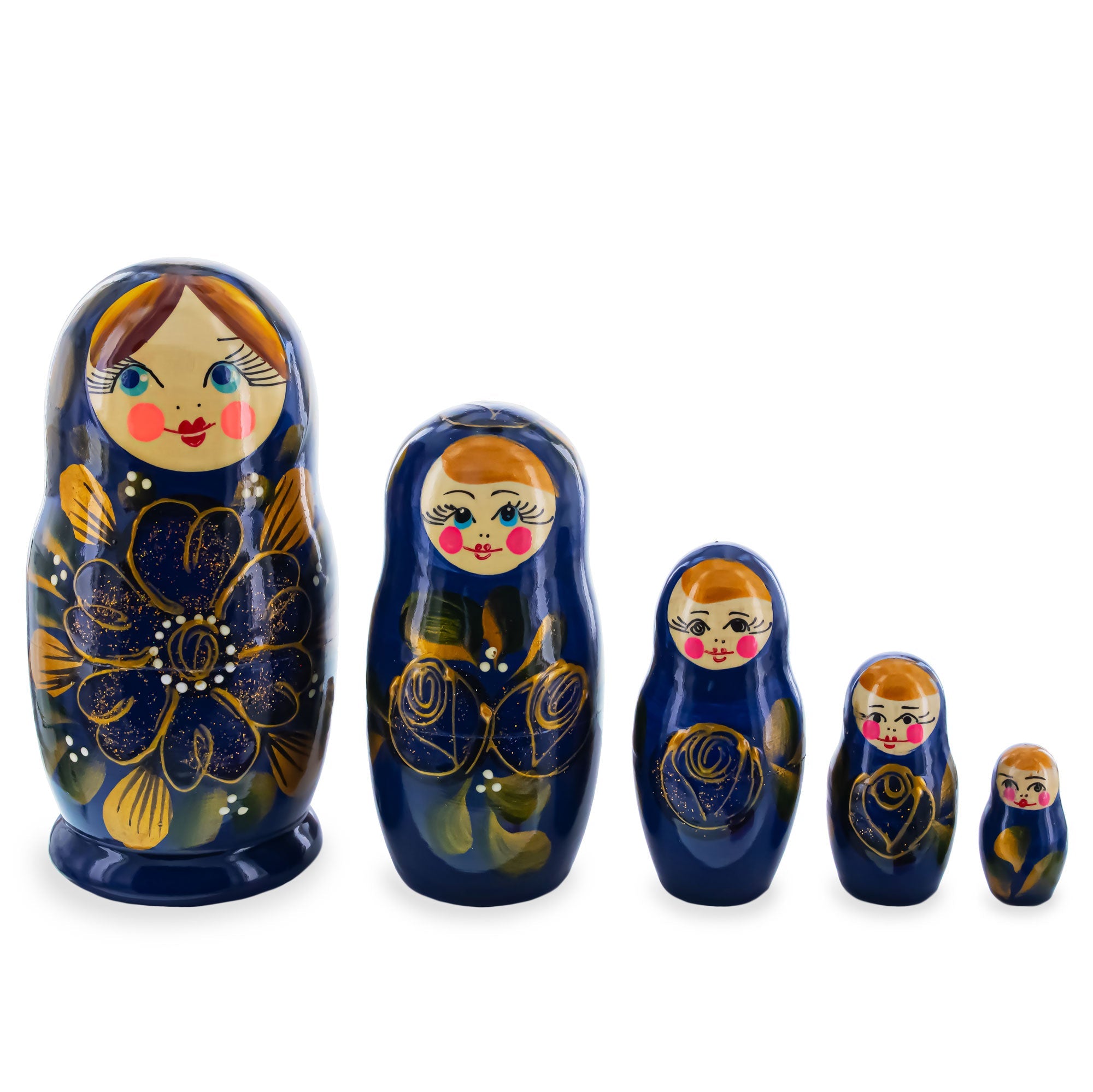 Blue Color with Gold Flowers Wooden  Nesting Dolls