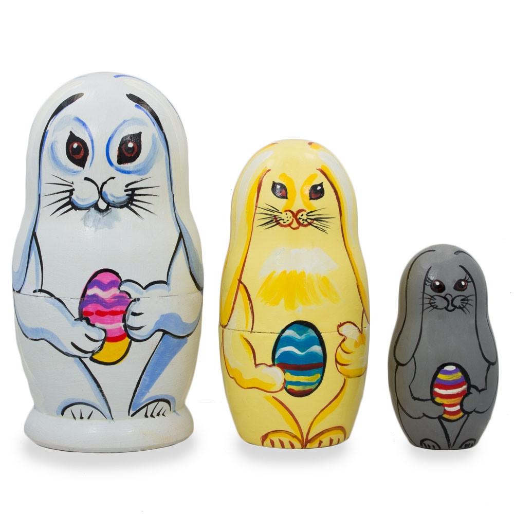 Set of 3 Bunnies with Easter Eggs Wooden Nesting Dolls 4.25 Inches BestPysanky