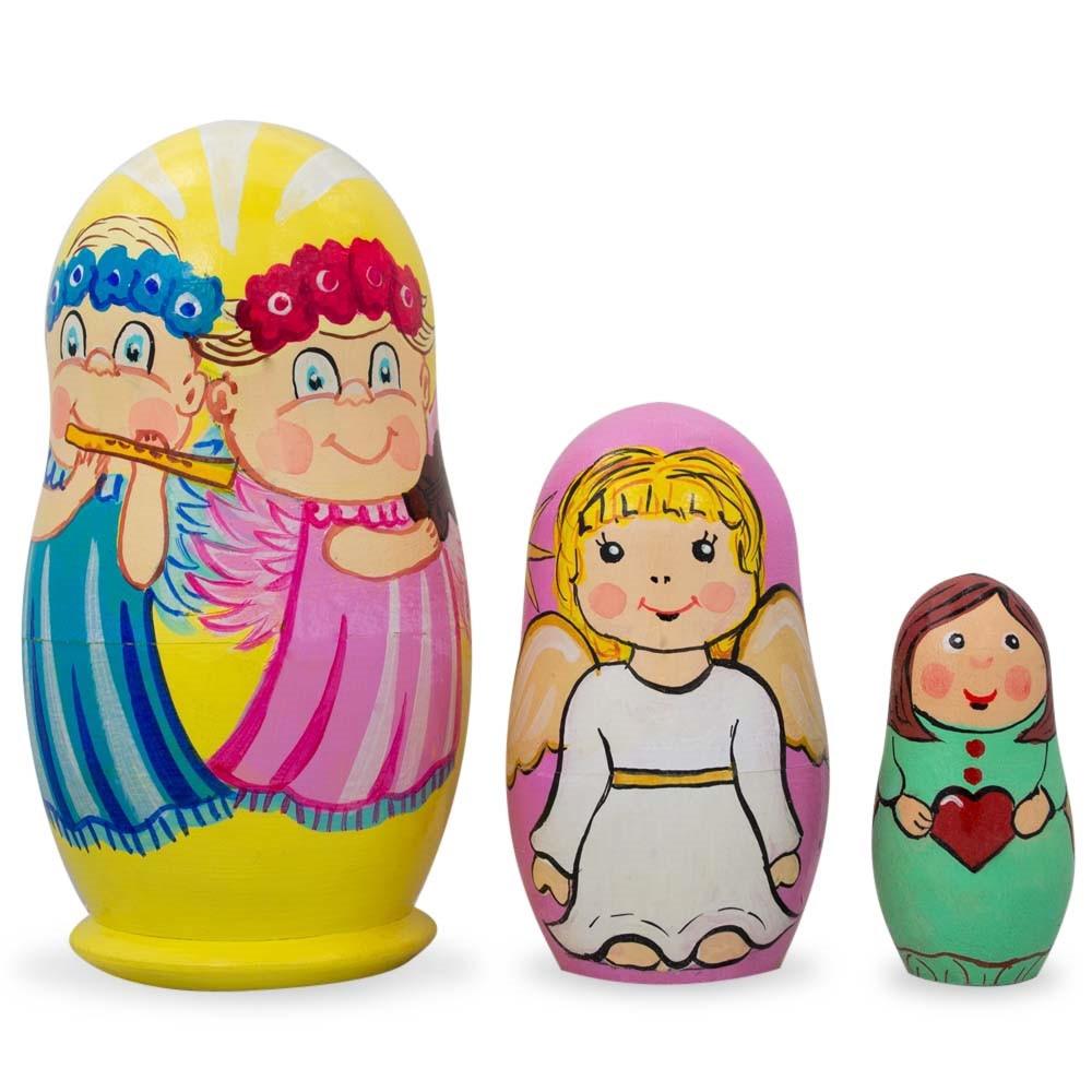 Set of 3 Guardian Angels with Flute, Heart Wooden Nesting Dolls 4.25 Inches BestPysanky