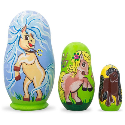 Set of 3 Pony Horses Wooden Nesting Dolls 4.25 Inches BestPysanky