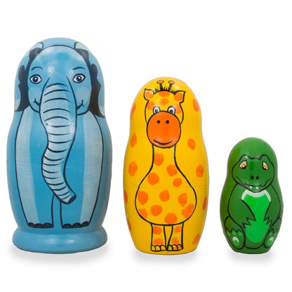 Set of 3 Elephant, Giraffe, and Alligator Wooden Nesting Dolls 4.25 Inches BestPysanky