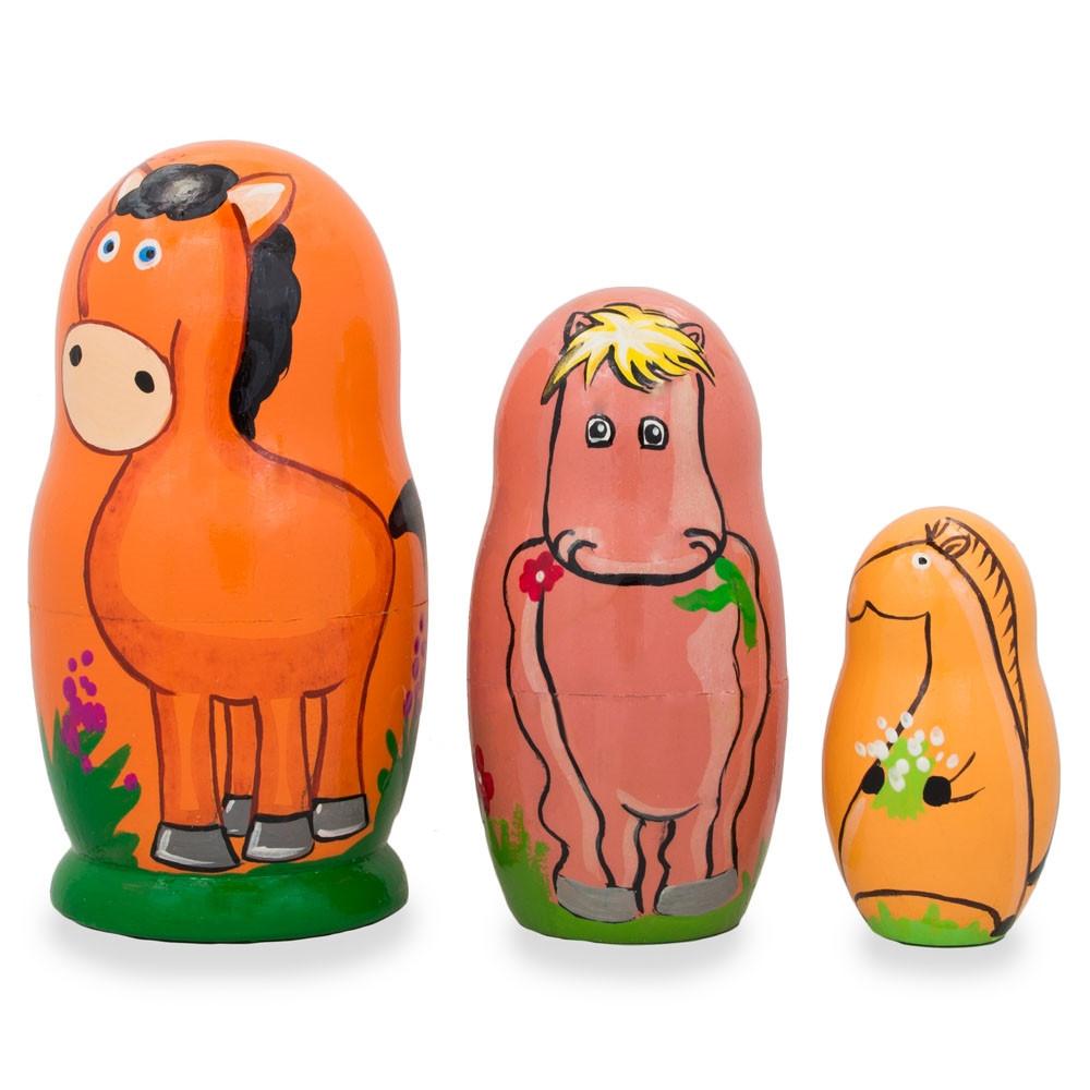 Set of 3 Horses with Flowers Wooden Nesting Dolls 4.25 Inches