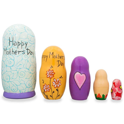 Set of 5 Happy Mother's Day Wooden Animal Nesting Dolls 6 Inches
