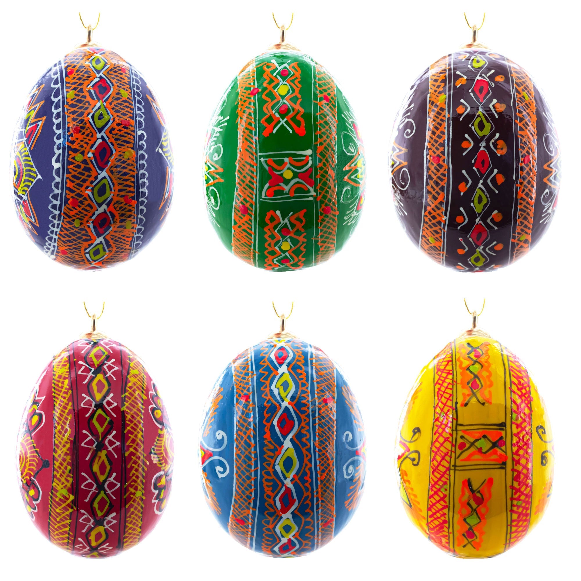 Set of 6 Hand Painted Wooden Ukrainian Easter Egg Ornaments 2.5 Inches