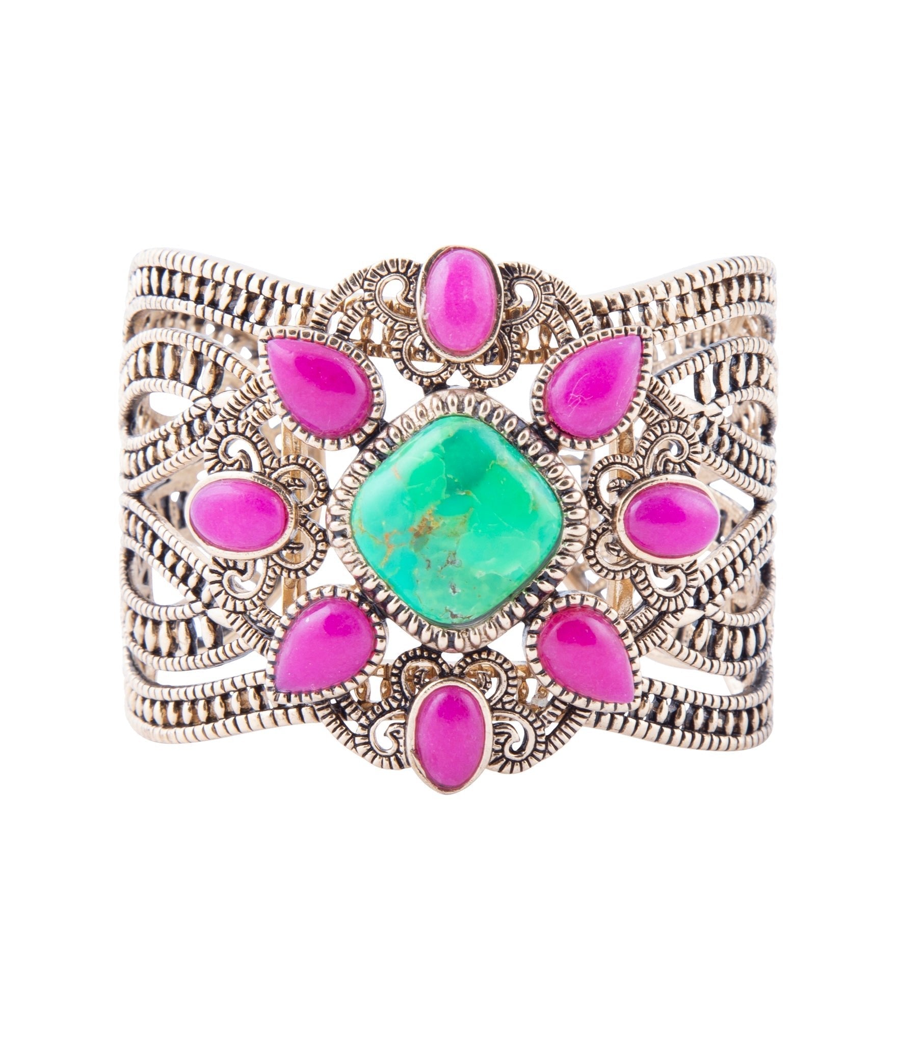 Madeira Lime and Pink Agate Statement Golden Cuff Bracelet Barse Jewelry