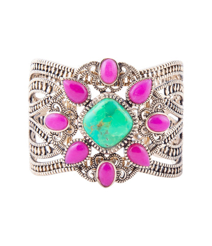 Madeira Lime and Pink Agate Statement Golden Cuff Bracelet Barse Jewelry