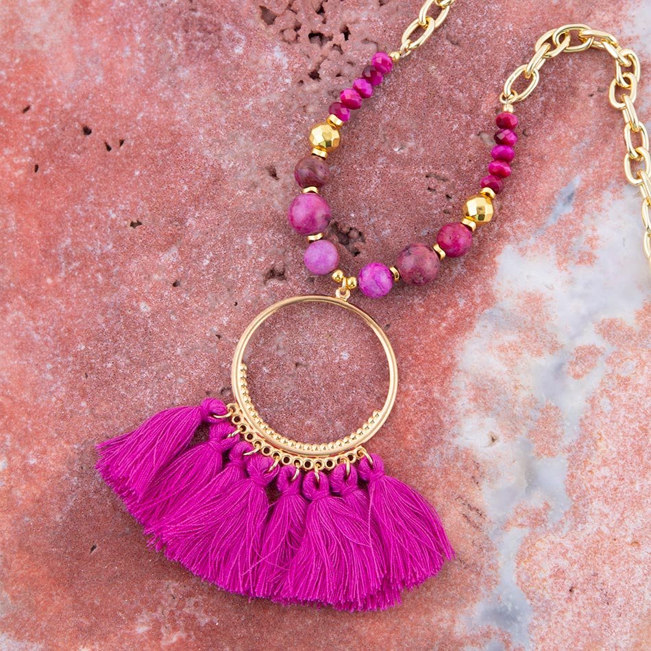 Pink Magenta Dreams Agate Tassel Golden Necklace Barse Jewelry