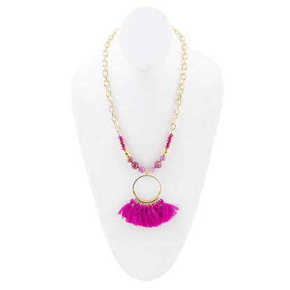 Pink Magenta Dreams Agate Tassel Golden Necklace Barse Jewelry