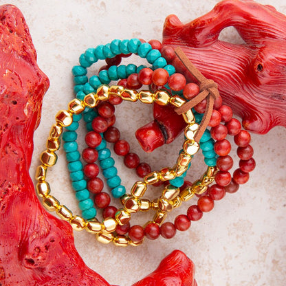 Mesa Blue Magnesite and Red Coral Golden Bracelet Set Barse Jewelry
