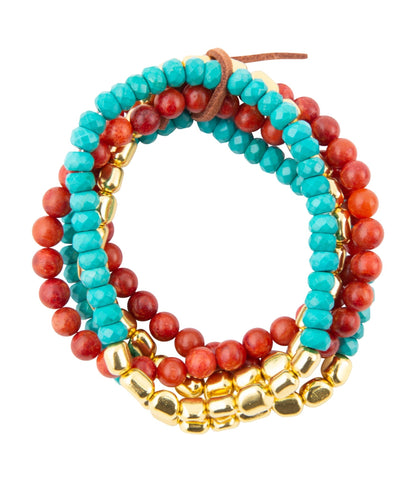 Mesa Blue Magnesite and Red Coral Golden Bracelet Set Barse Jewelry