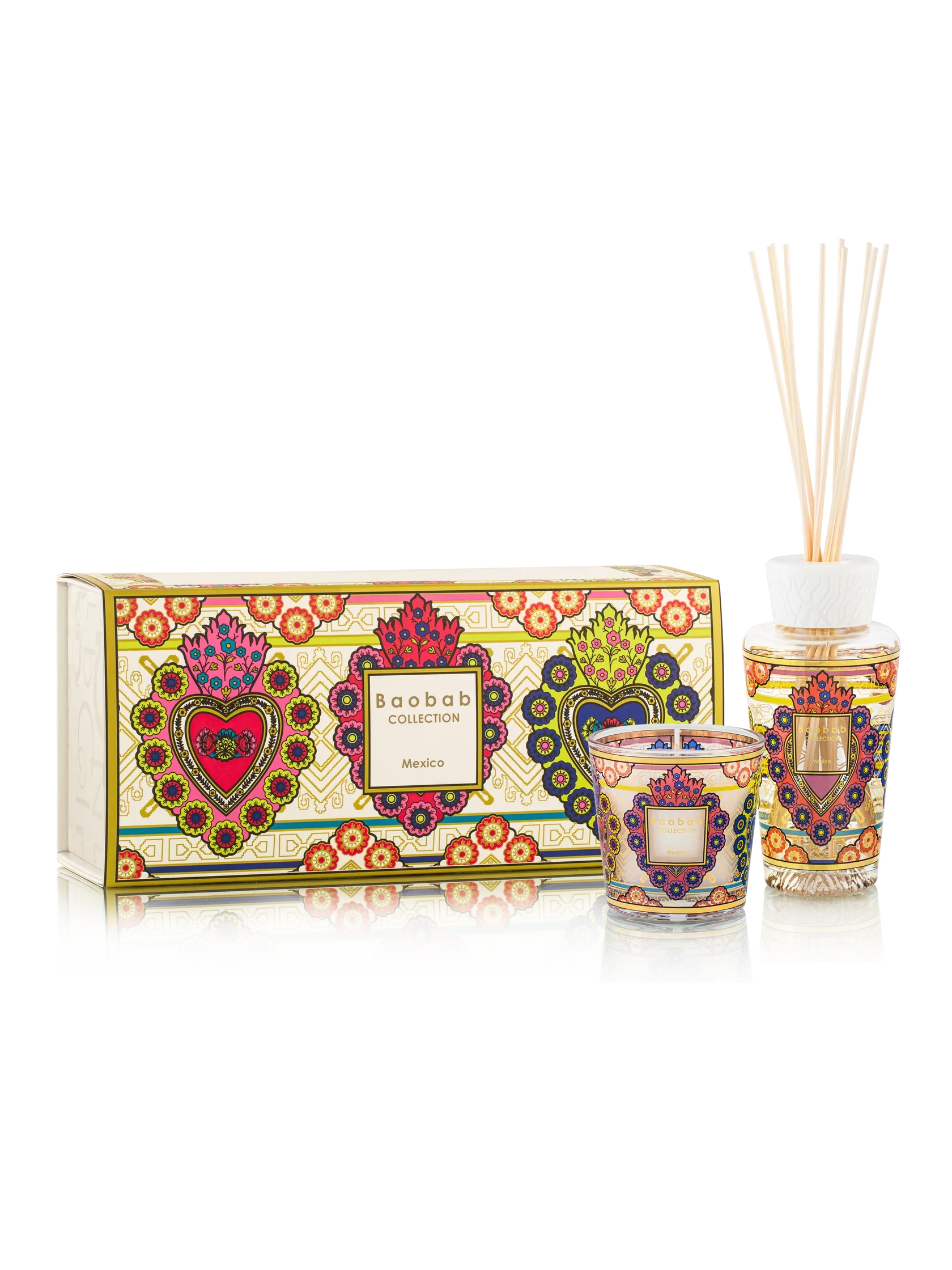 Baobab Gift Box featuring Mexico scented candle and diffuser with vibrant heart designs and gold accents.