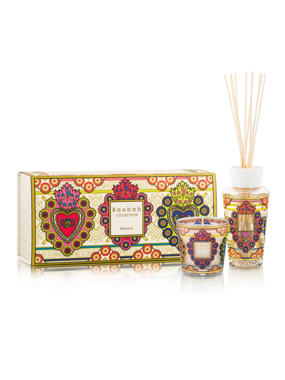 Baobab Gift Box featuring Mexico scented candle and diffuser with vibrant heart designs and gold accents.