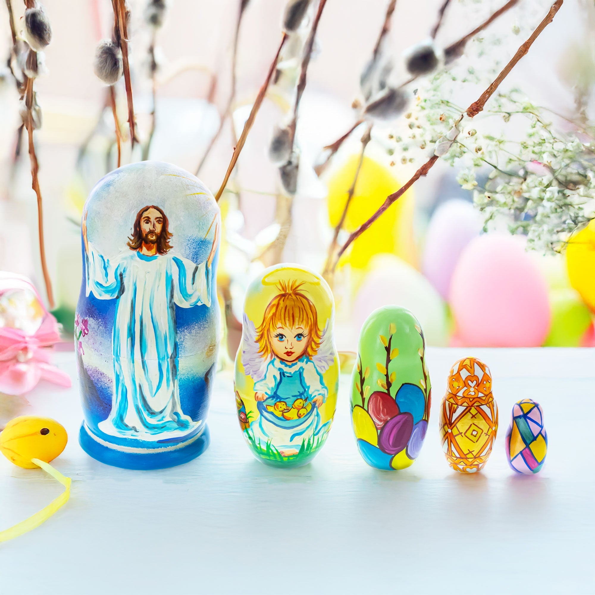 Set of 5 Jesus Christ Rising, Angel and Easter Eggs Wooden Nesting Dolls 6 Inches BestPysanky
