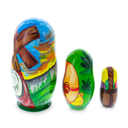 Set of 3 Jesus with Cross, Easter Eggs Wooden Nesting Dolls 4.25 Inches